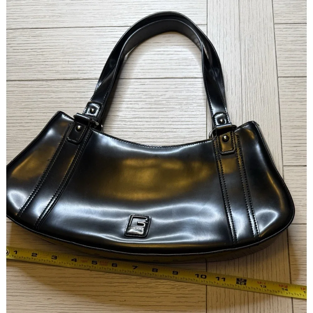 Guess Patent Faux Leather Black Y2k Double Handle Shoulder Bag Zip Close Boho